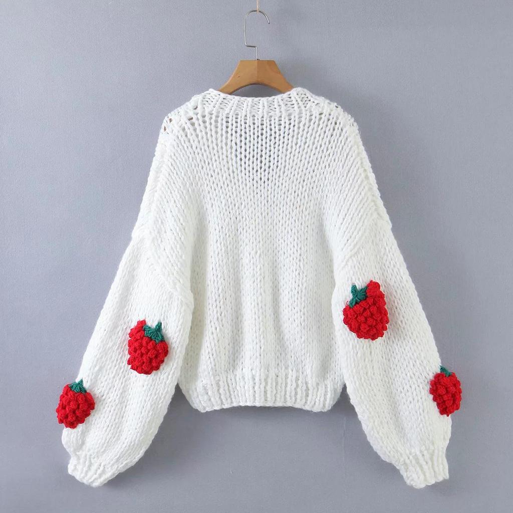 European & American New Strawberry Knitted Cardigan: Women's V-Neck Loose Lantern Sleeve Sweater
