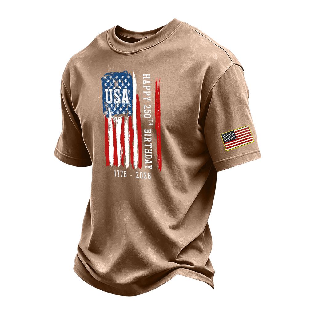 Men's Vintage Washed Crew Neck Short Sleeve T-Shirt with USA Flag Graphic and 250th Birthday Print Casual Cotton Tee