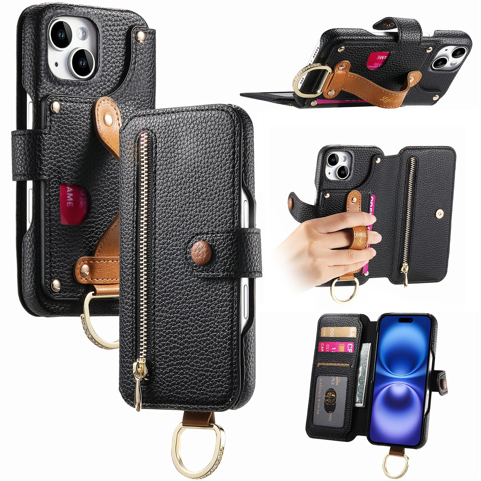 

For iPhone 13 Case RFID Blocking Zipper Wallet PU Leather Mobile Cover Black
