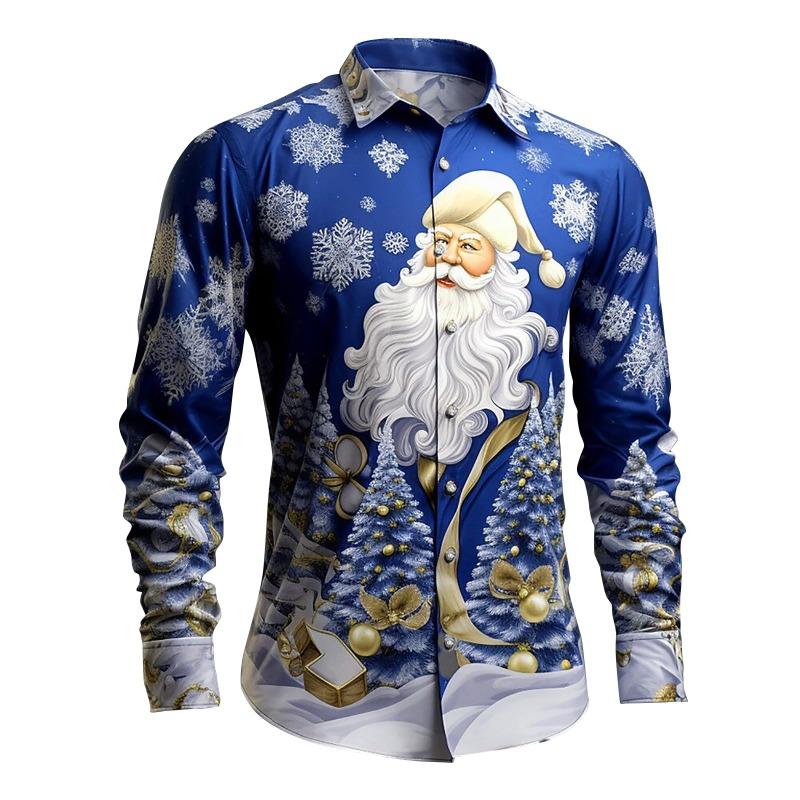 Christmas themed men's 3D snowflake Santa Claus print festive atmosphere lapel long-sleeved shirt casual slim-fit shirt