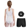 Girls Gymnastics Dance Outfit Sleeveless Keyhole Back Rhinestones Leotard V Waistband Shorts Hair Tie