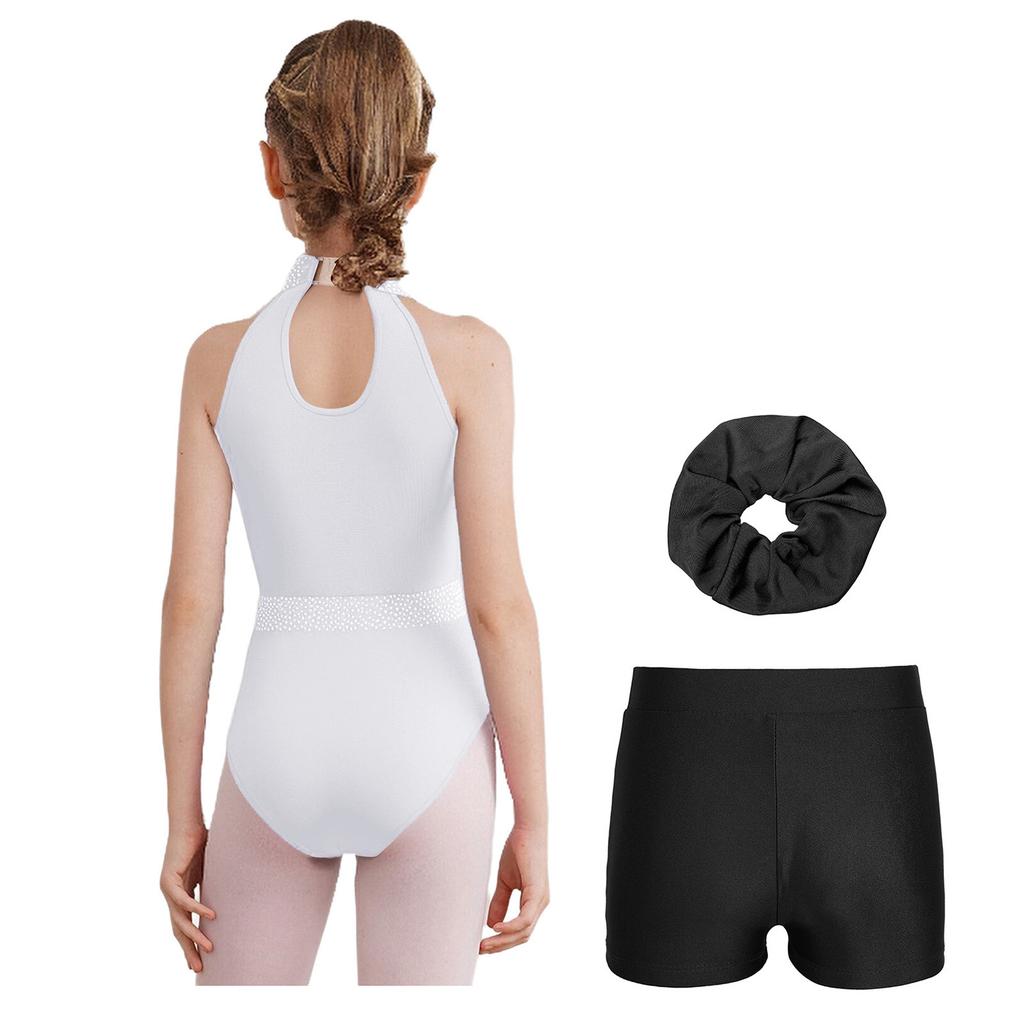 Girls Gymnastics Dance Outfit Sleeveless Keyhole Back Rhinestones Leotard V Waistband Shorts Hair Tie
