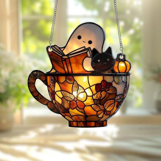 Halloween Acrylic Suncatcher Adorable Ghost Reading Book Pendant Black Cat Teacup Spooky Window Hanging Decoration for Home Parties Festivals