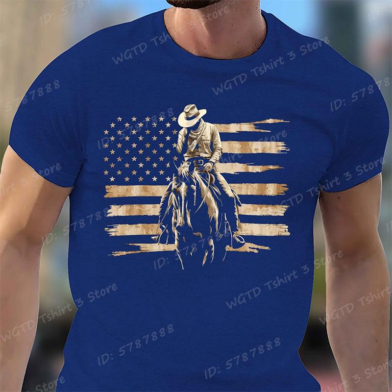 Cowboy with American Flag Pattern Print T Shirt Tees for Men Casual Short Sleeve TShirt for Summer Vintage Graphic Tshirts