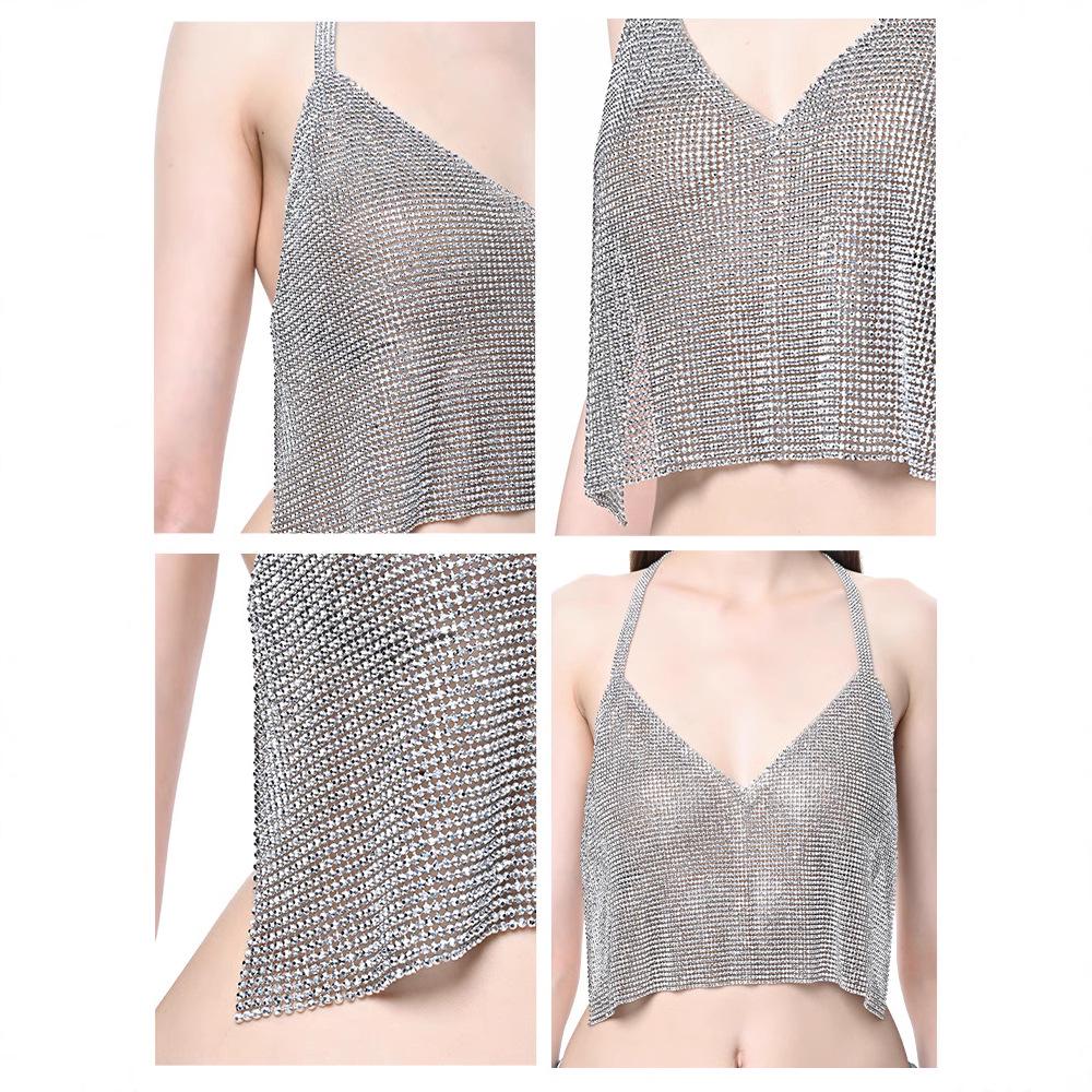 Cross-Border Rhinestone Halter Tank Top - Sexy, Shiny & Backless for Nightclub & Festival Wear