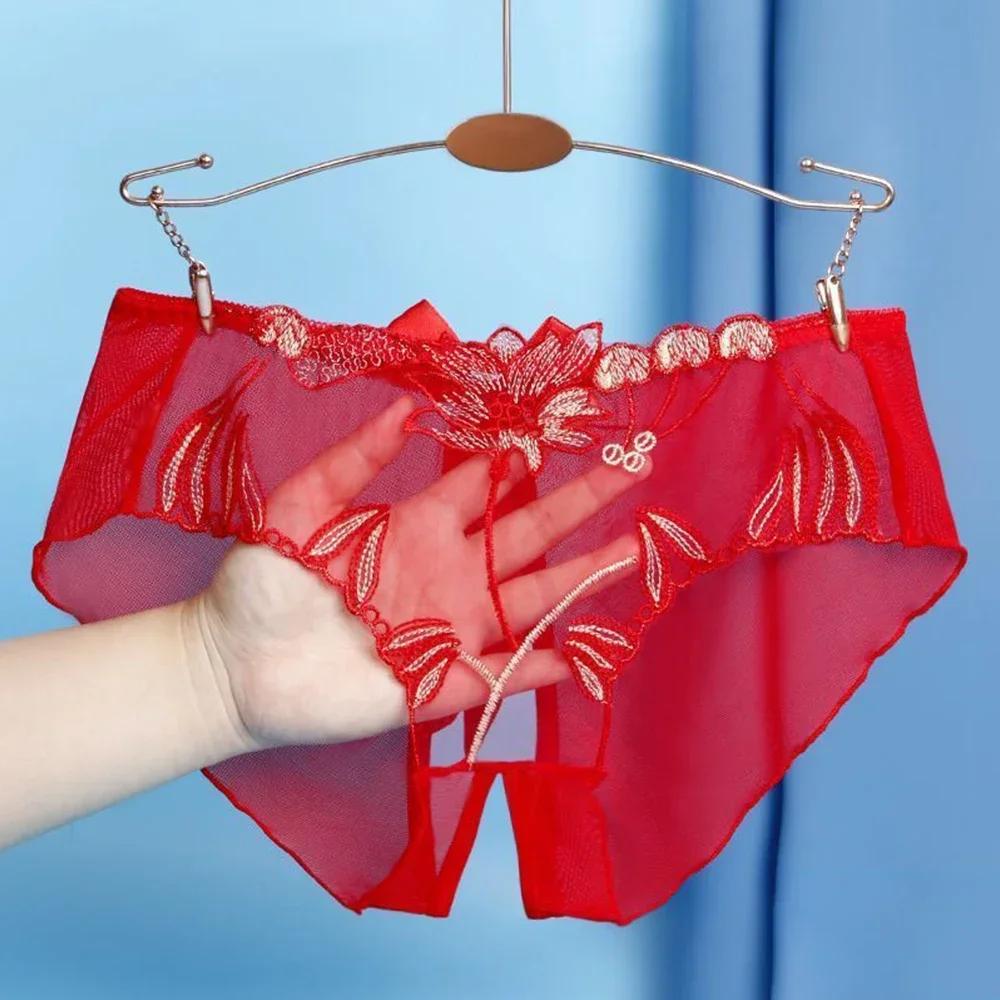 Women Plus Size Lace Sexy Transparent Underwear Floral Mesh Comfort Sheer Crotch Slit Traceless Briefs Panties Women's Briefs