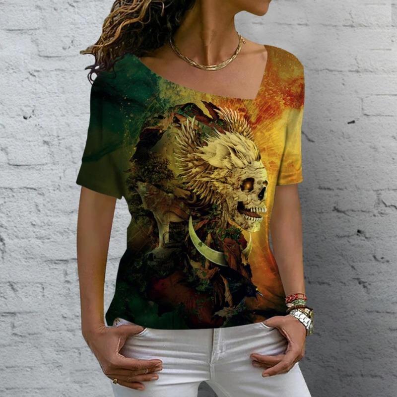 Vintage Skull Women's T Shirt 3D Printed Skew Collar Blouses Casual Short Sleeve Pullover Tops Summer Oversized Clothes Tees
