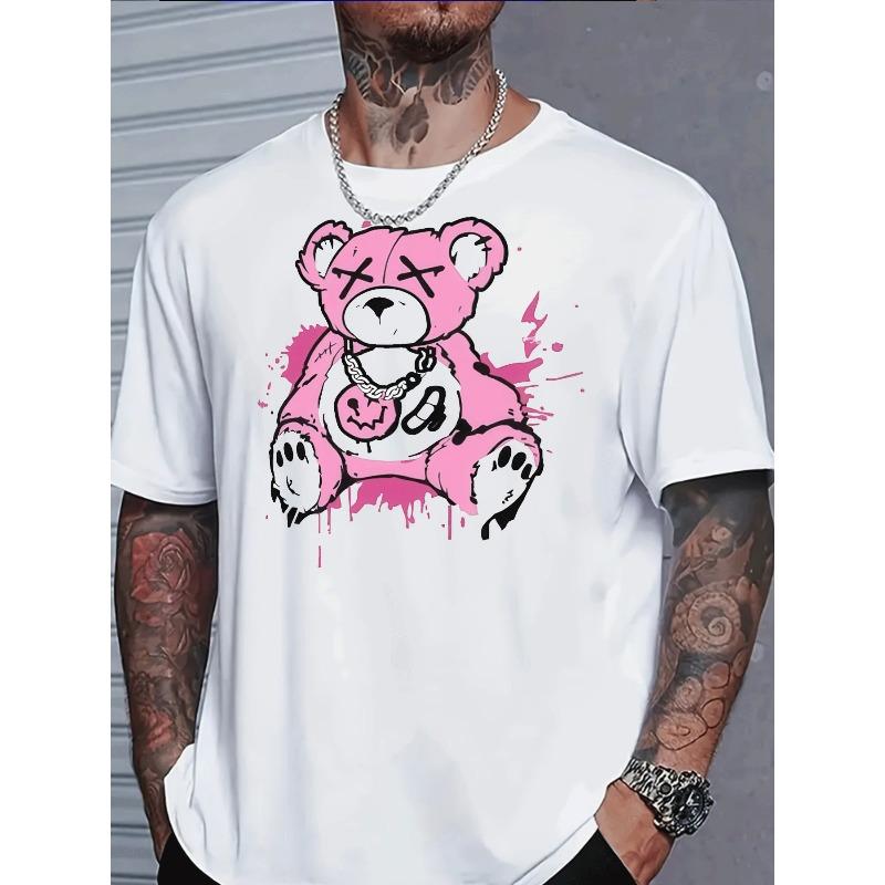 Rozmiary europejskie Męska koszulka casual w stylu ulicznym | Graficzny nadruk z kreskówkowym różowym misiem, Krótki rękaw, Okrągły dekolt, Lekko rozciągliwy materiał