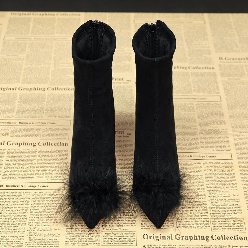 Winter Street Style Women Ankle Boots Elegant Pointed Toe Wine Glasses Heel Shoes Female Vintage Stretch Slim Short Booties