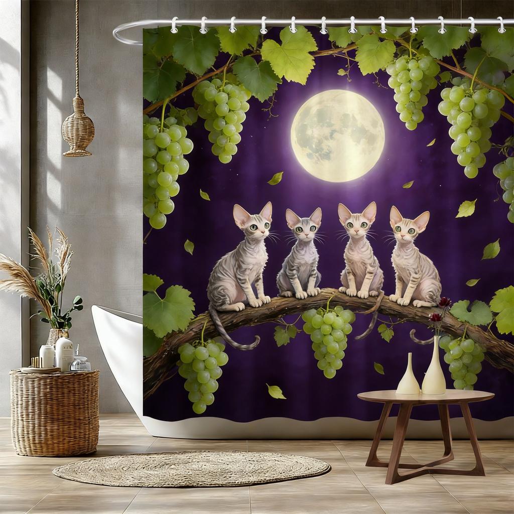 Four White Cats on Magnolia Branch Waterproof Shower Curtain for Bathroom Decor