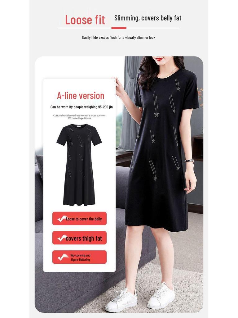 Women's Summer 2026 Plus Size Slimming A-line Black Dress - Mid-Length, Short Sleeve, Casual T-Shirt Style