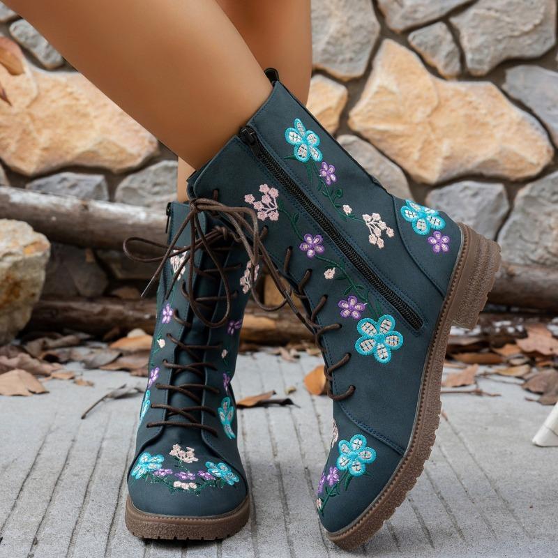 Autumn and Winter New Flat-bottom Embroidered Martin Boots Women's Round Head Square Heel Side Zipper Lace-up Medium Boots Women