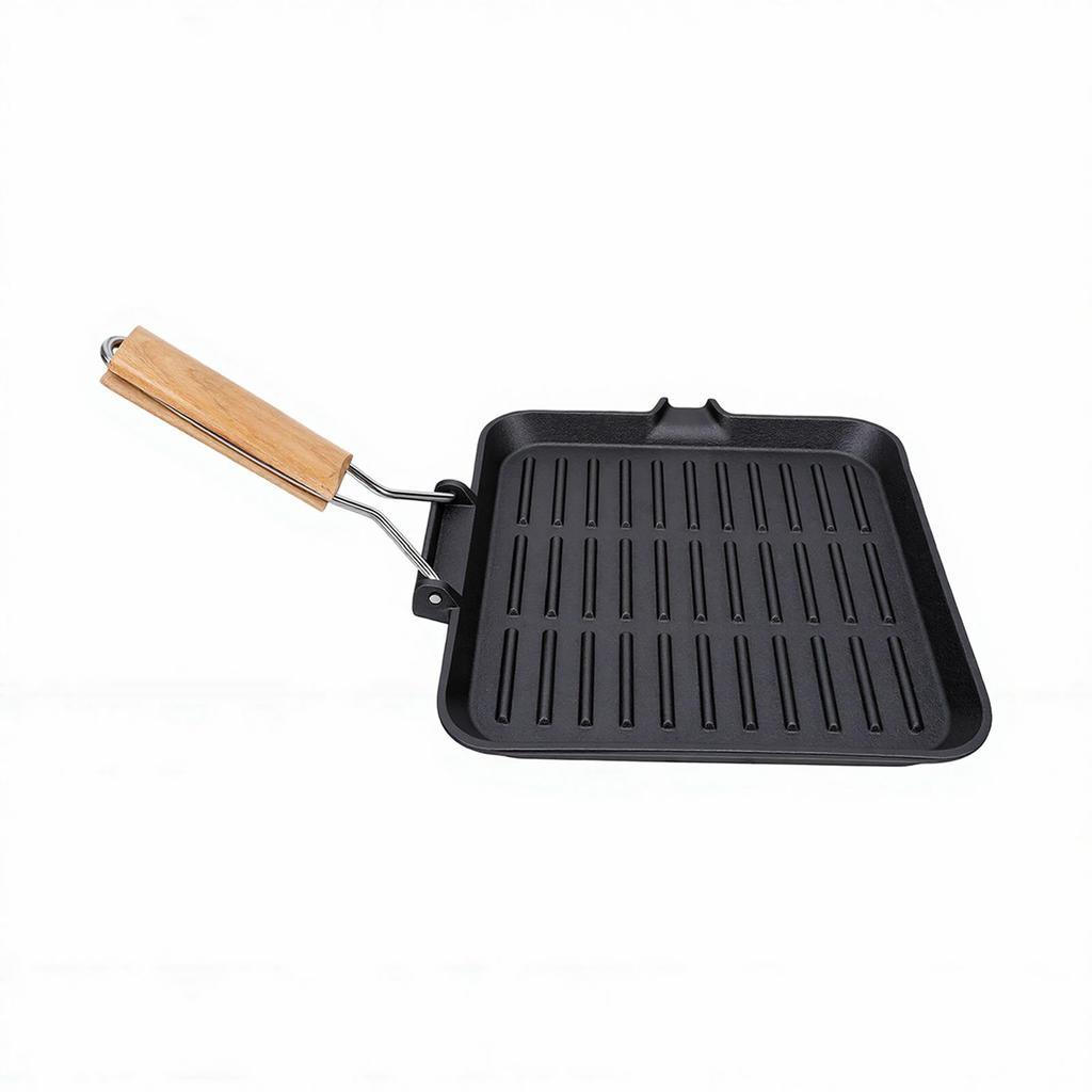 Grill Pan with Groove Foldable Handle Square Safe Enamel Coating Cast Iron Grill Pan for Steak Vegetables