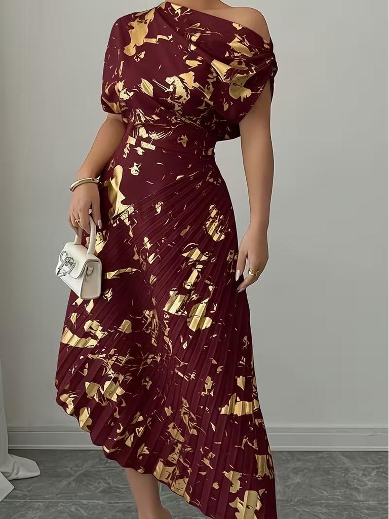 Asymmetrical Shoulder Gold Foil Pleated Dress for Women