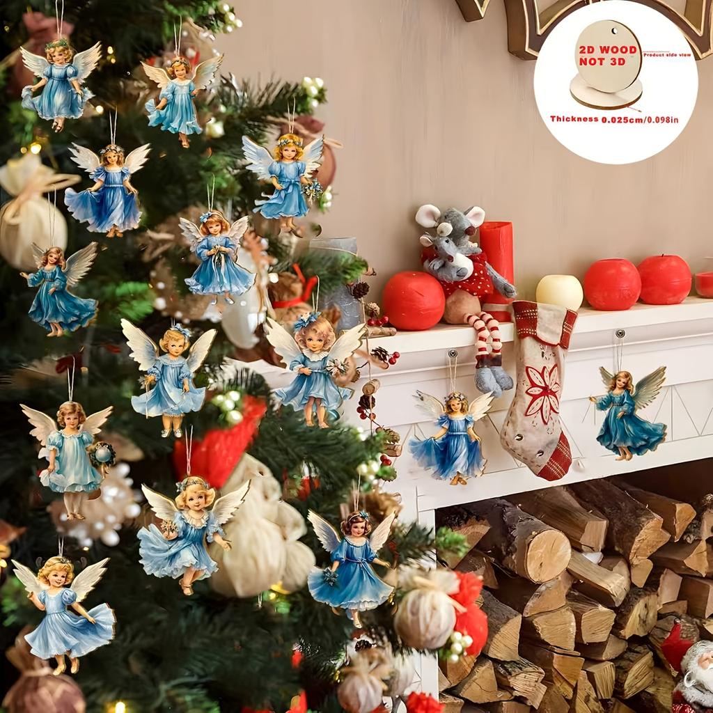 12Pcs Christmas Vintage Wooden Blue Angel Pendant Merry Christmas New Year Pendant Gift Christmas Tree Decor Supplies Best Gifts