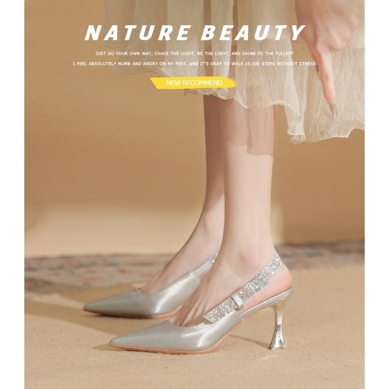 73217 [sheepskin] High Heels Women's Thin Heels 2025 New Bag Head Empty Sandals French Pointed Single Shoes