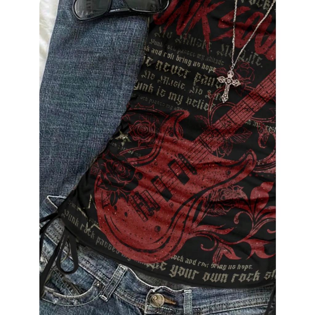 Women's Casual Retro Drawstring Front Cut Vest, Suitable for Y2K and Guitar Prints in Spring and Summer