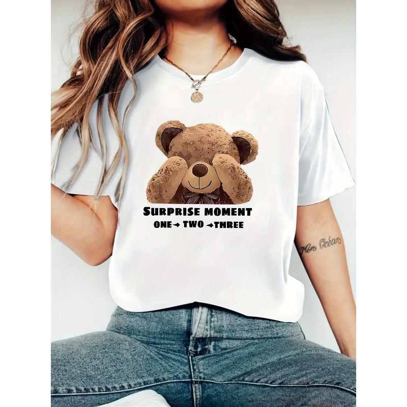 

Женская белая эластичная дышащая футболка европейского размера с милым мультяшным медведем и надписью Surprise Moment - Мягкая футболка с коротким рукавом и круглым вырезом S белый