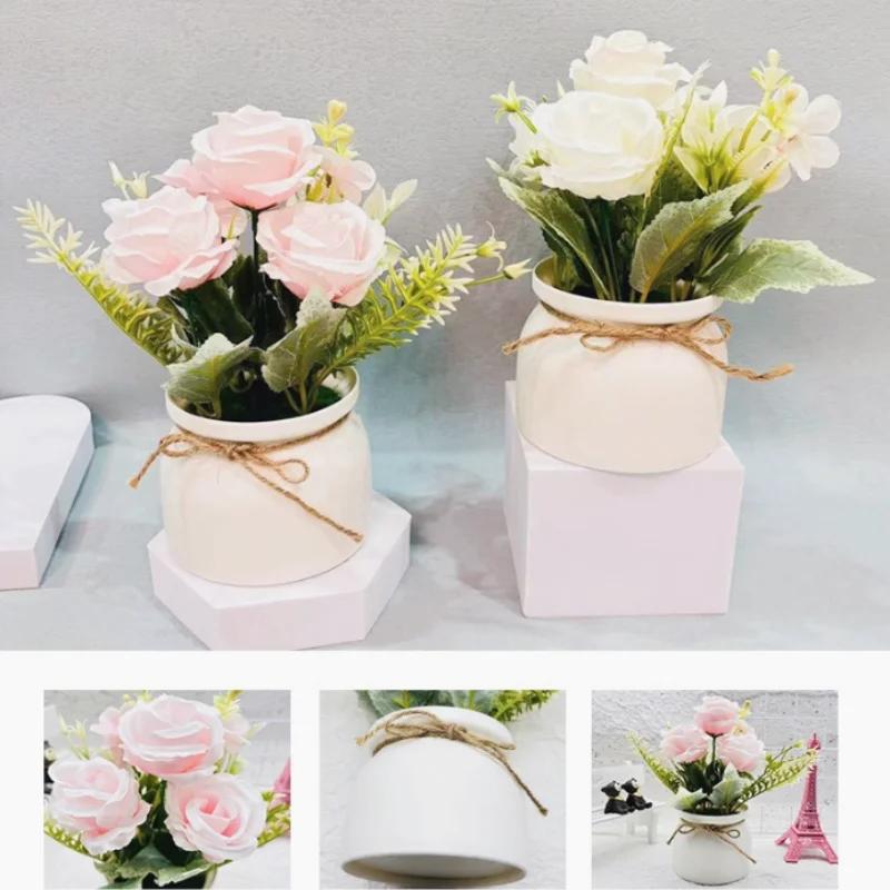 1pc Artificial Flower Potted Three Roses Small Flanged Bonsai Combination Simulated Plant Bonsai Home Decor Desktop Decoration
