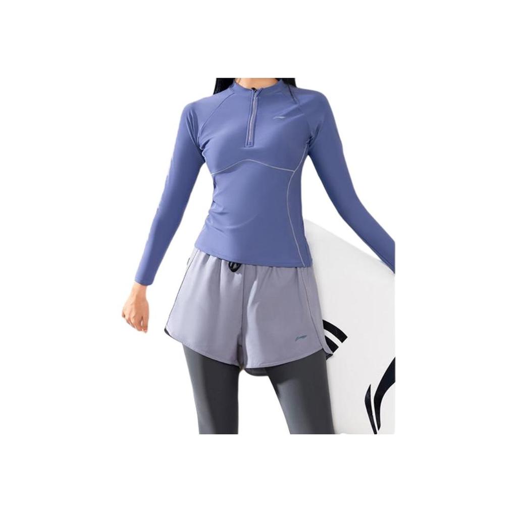 Li Ning Competitive Series Solid Color Round Neck Pullover Long Sleeve Sports Casual Simple Splicing Swimsuit Set Women Swimsuit Blue Gray LNYW052-2