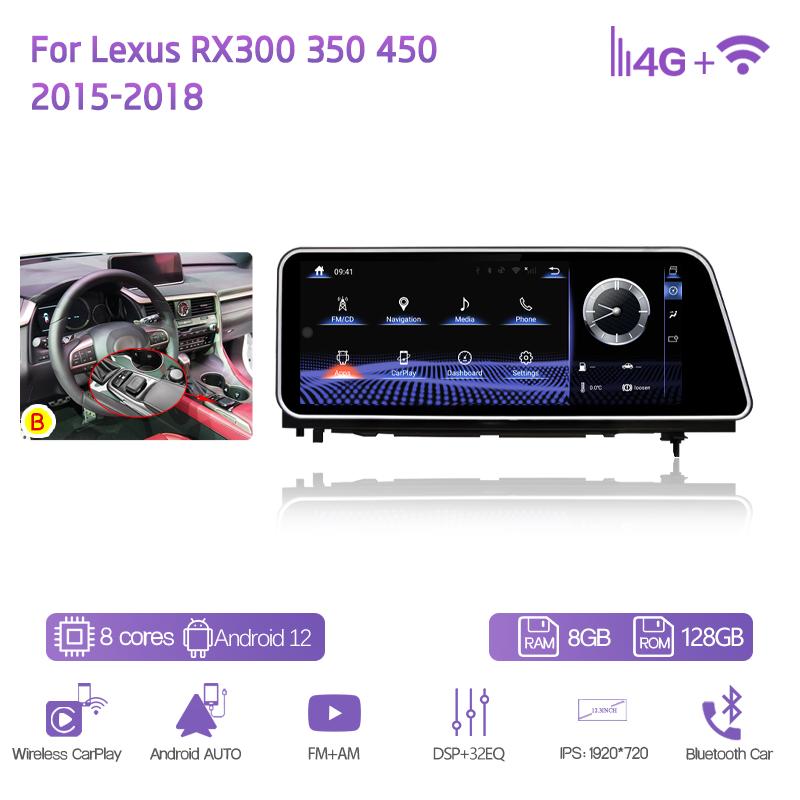 12.3" Car Multimedia Player For Lexus RX300 350 450 2015-2018 GPS Navigation Radio Android12 8+128G 8Core CarPlay 4G 360Camera