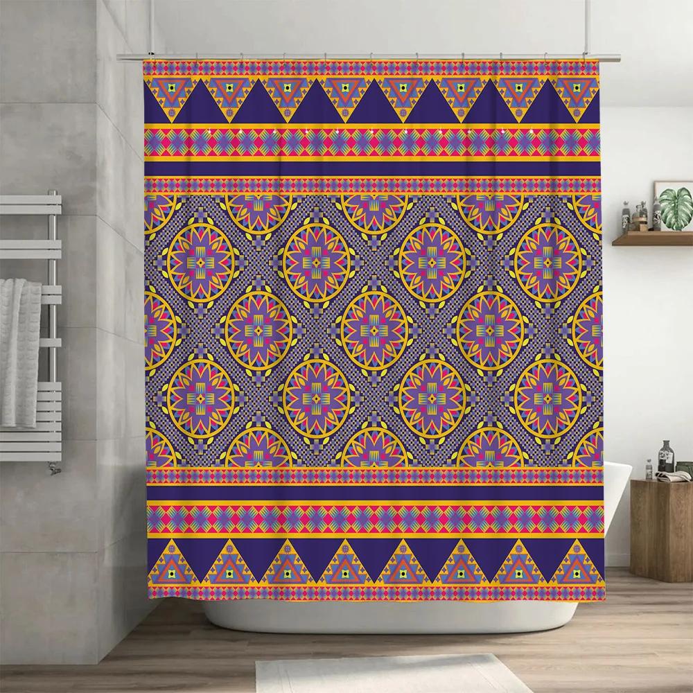 Vibrant Bohemian Shower Curtain with Geometric Patterns for Bathroom Decor Purple Pink Blue Yellow Orange Floral Design Bath Rug
