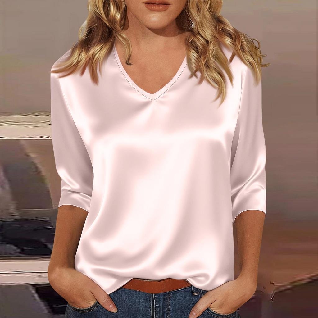 Women's V-neck Three-quarter Sleeve Satin Shirt Top, Lightweight For Spring And Summer