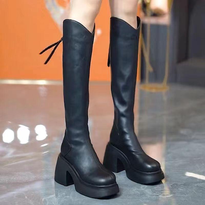 Round Toe Elegant Heeled Platform Leather Ladies Knee High Shaft Shoes Autumn Winter 2025 New Designer Luxury Women's Long Boots