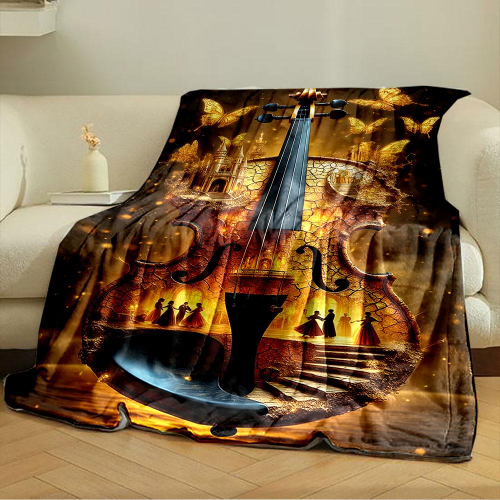 A Violin Blending Golden Castles, Butterflies, and Elegant Dancers' Motifs. for All Seasons Blanket Lunch Break Throw Gift