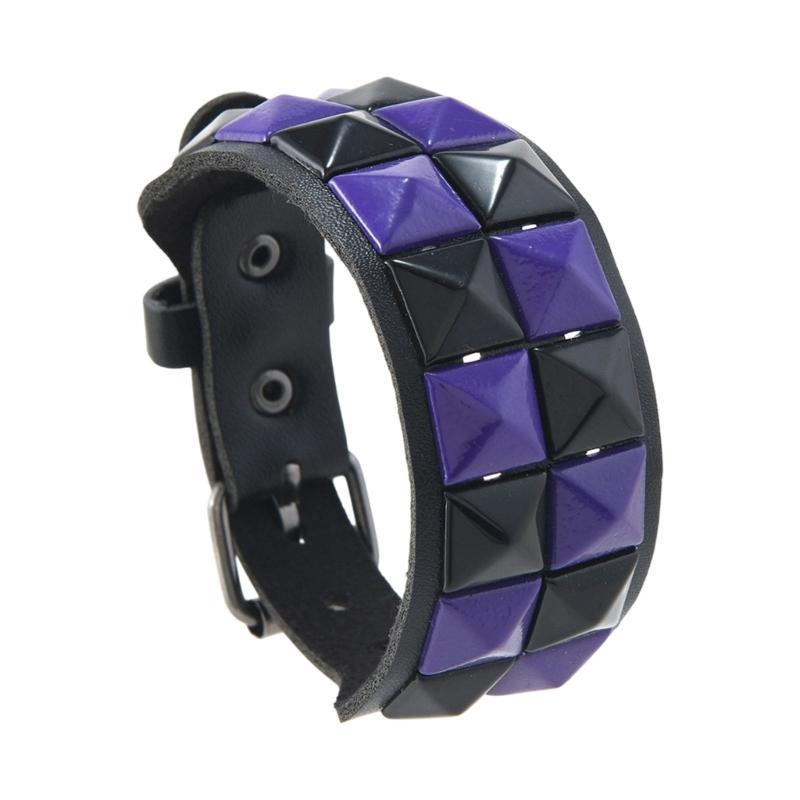 Studded Cuff Bracelet Double Row Square Studs Adjustable Closure PU Strap Punk Wrist Bangle for Concert Streetwear
