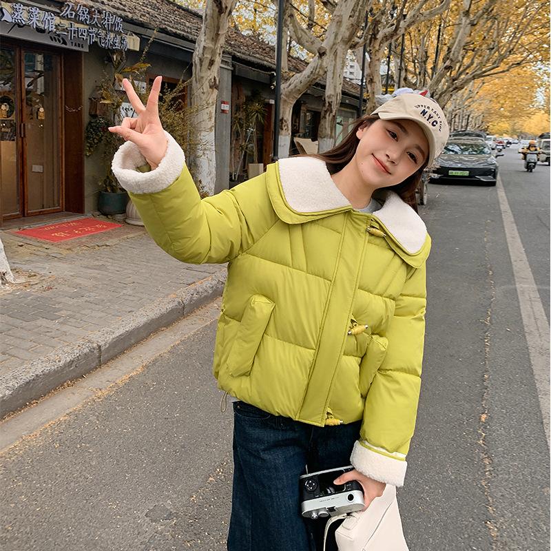 Short women's candy color age-reducing small season horn buckle large lapel short down cotton-padded coat