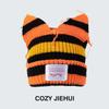 Autumn and winter hats, cat ears knitted hats, men and women of the same style, cute piggy knitted wool hats, warm contrasting colors
