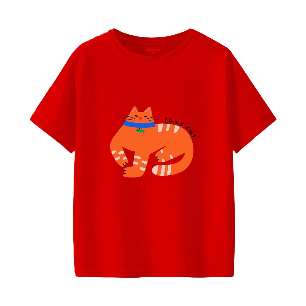 Cartoon-orange Katze bedrucktes kurzärmeliges Rundhals-Damen-T-Shirt für Frühling und Sommer vielseitiges Damen-T-Shirt