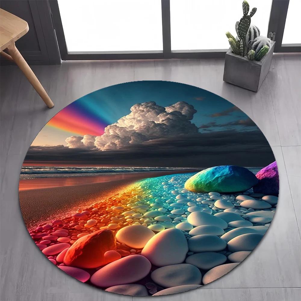 2025 New Style Colorful Pebble Rainbow Road Beach Stone Round Carpet Rug for Bedroom Living Room Decoration,pet Decor Floor Mat