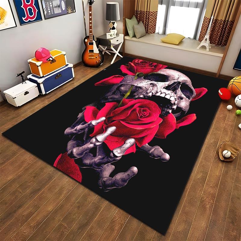 Gothic Skull and Red Roses Print Carpet with Black Background Suitable for use as an anti-slip for living room bedroom sofas