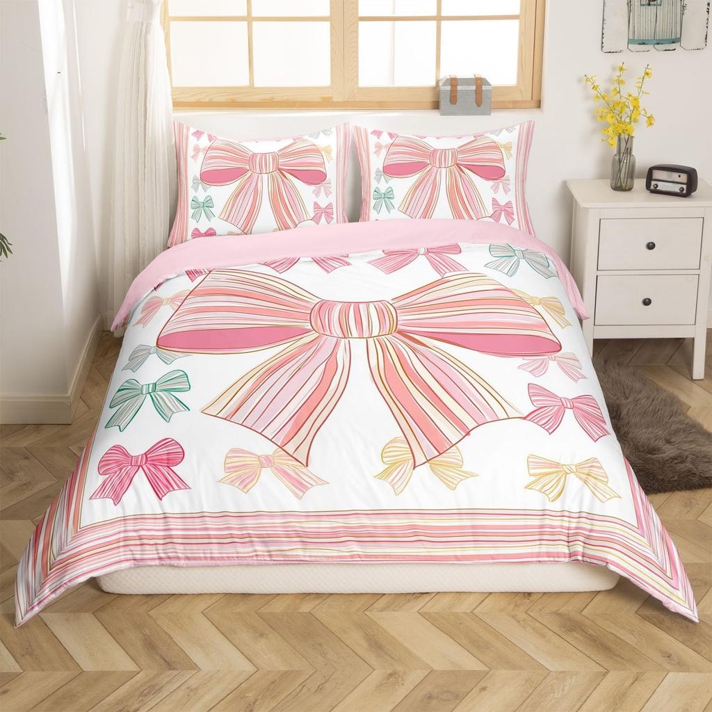 Simple Bow Knot Duvet Cover Twin SizeCartoon Kawaii Bedding SetCute Bows Ribbon Printed Comforter Cover for Girl Women Bedroom