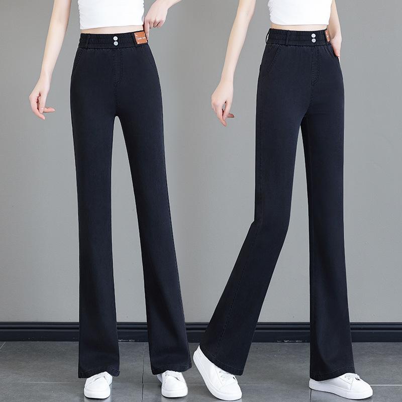 Women's High Waist Elastic Waist Flare Jeans Slim Micro Flared Denim Pants Summer Thin Lyocell Casual Trousers