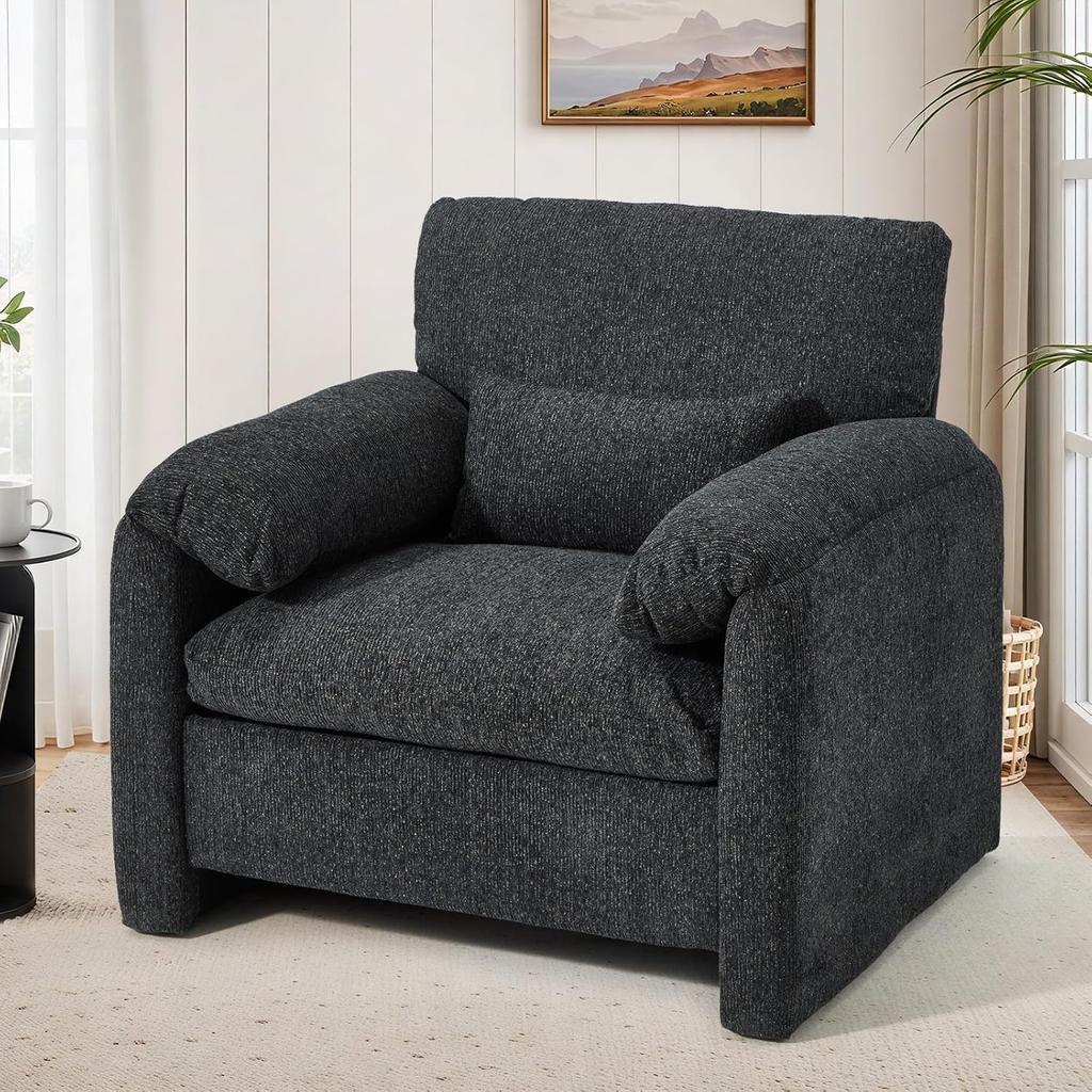YODOLLA Armchair Sofa for Living Room, Large Single Sofa Padded Seat with Lumbar Pillow, Velvet Morden Accent Chairs, Black
