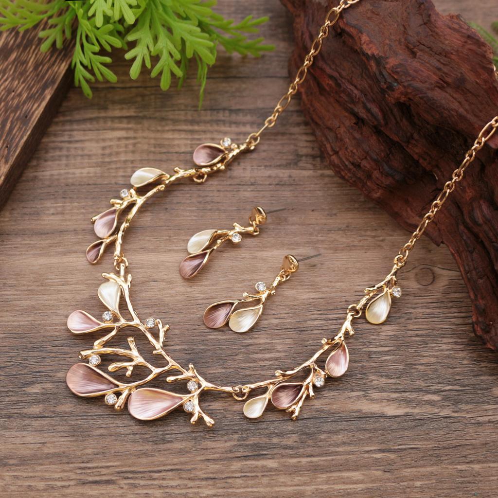 New enamel geometric petal stud earrings necklace set, exaggerated women's versatile flower necklace