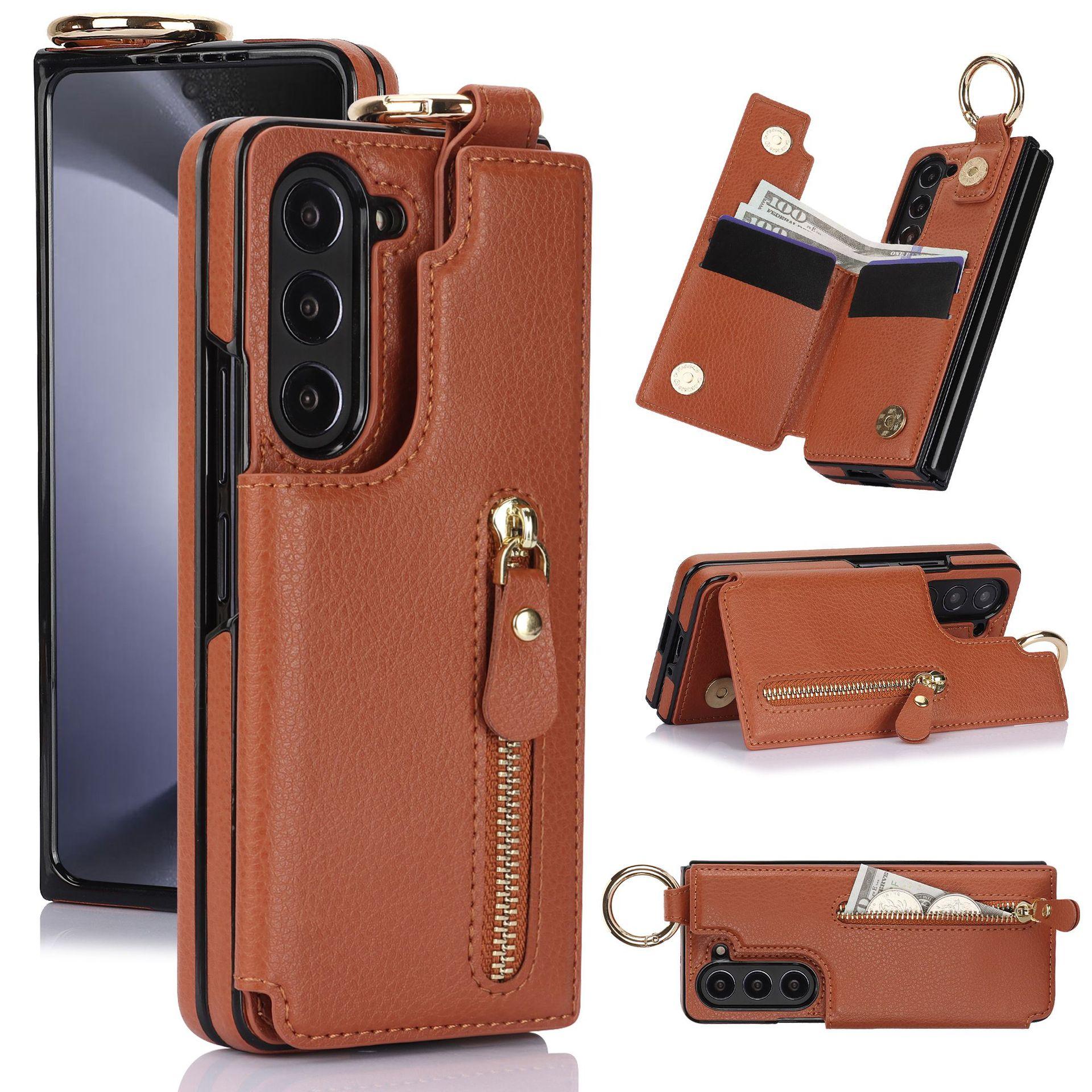 

Fold7 Ring Leather Phone Case for Samsung Galaxy Z Fold 7 6 5 4 3 Zipper Metal Double Buckle Flip Card Holder Wallet Hard Cover Galaxy Z Fold7 коричневый