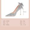 French Wedding Shoes Woman Silver High-heeled Shoes Sequin Dress Pumps Elegant Spring Rhinestone Bow Sweet Crystal Women's Shoes