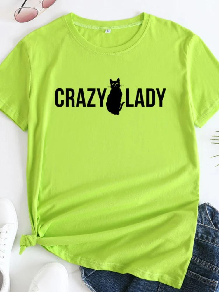 Crazy Lady Cat Print Women T Shirt Short Sleeve O Neck Loose Women Tshirt Ladies Tee Shirt Tops Camisetas Mujer