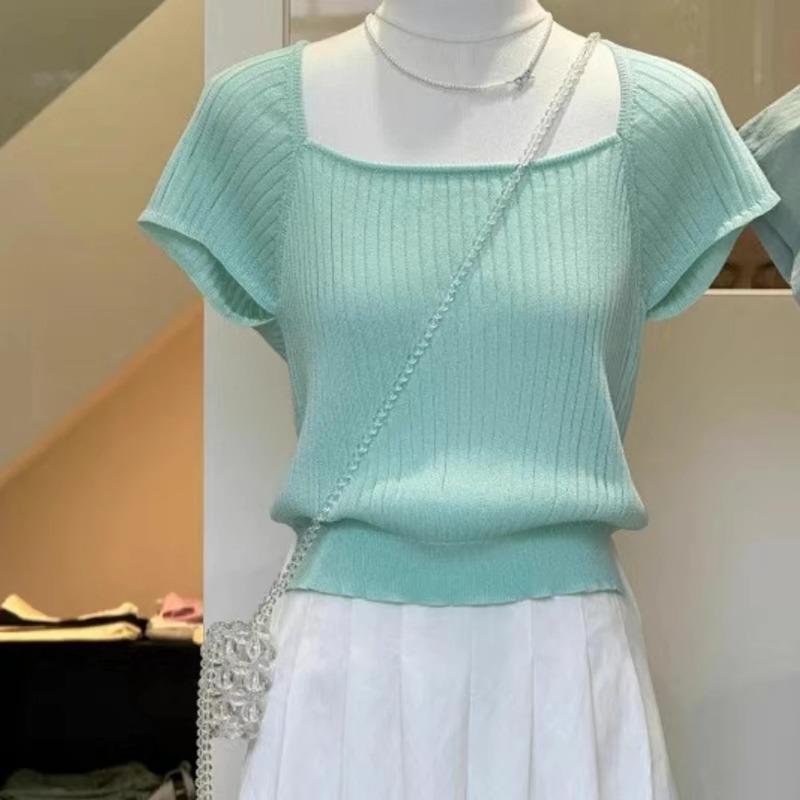 Womens Square Neck Ribbed Knit Short Sleeve Top S