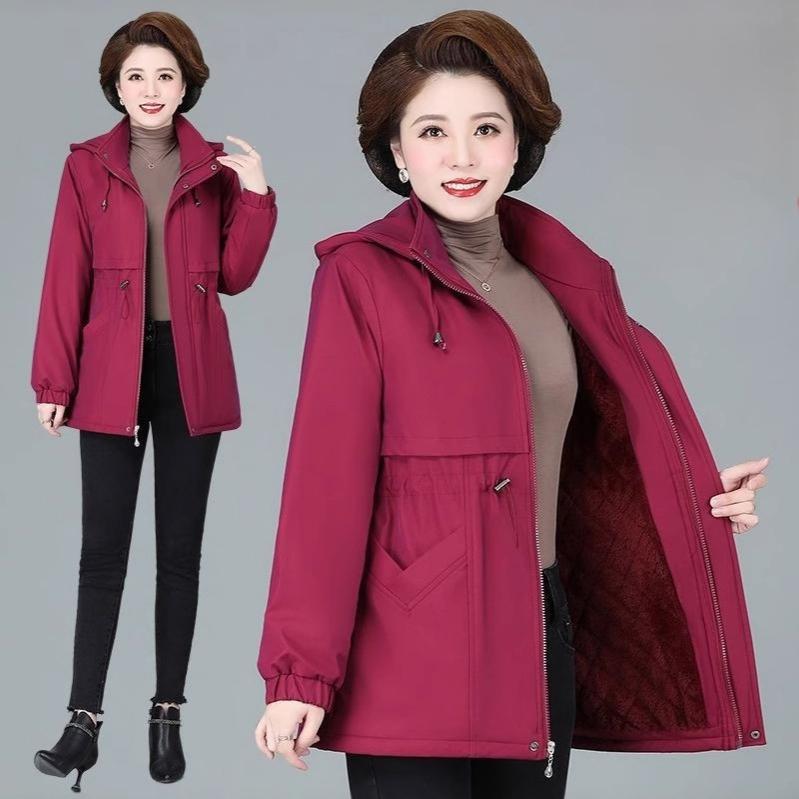 Women Winter Jacket Hood Warm Parkas Fleece Mid Length Padded Jacket Windbreakers Outerwear Mother Coat