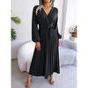 VEZFAA Women's Fashion Summer Spring Solid Color Print Long Sleeve V-Neck High Waist Casual Dresses