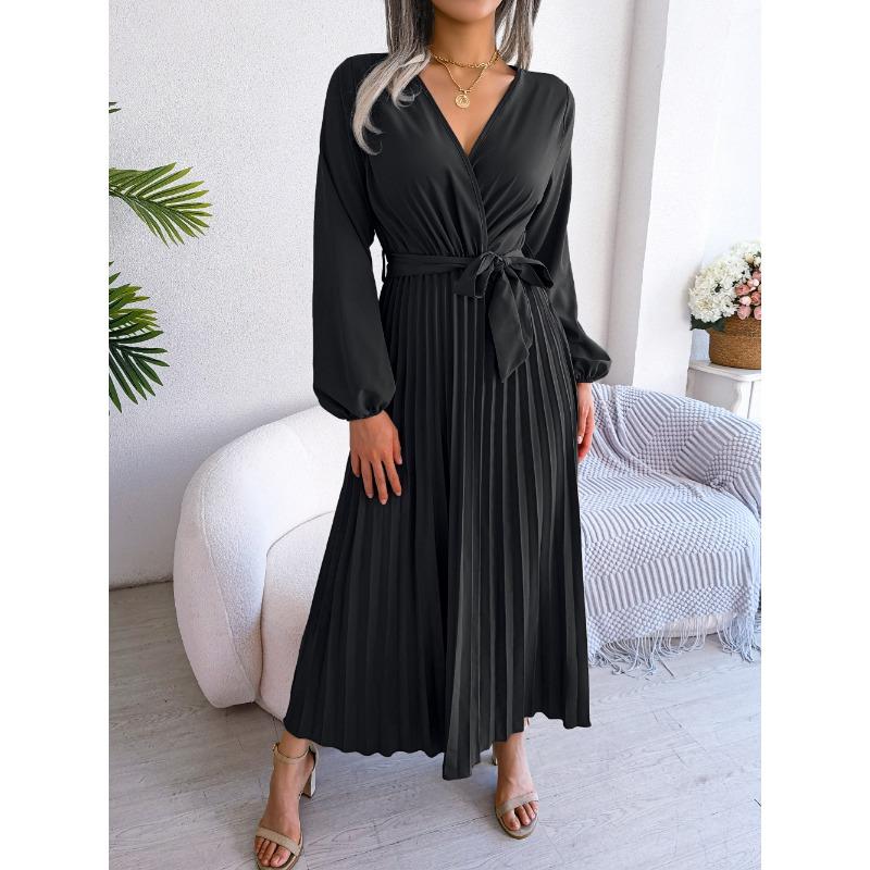 VEZFAA Women's Fashion Summer Spring Solid Color Print Long Sleeve V-Neck High Waist Casual Dresses