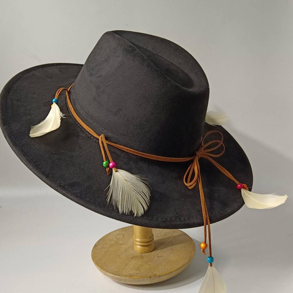 2026Bohemian style suede hat, brim 9.5 cm fedora with feather accessories, classic church hat, wide brim hat, women's hat