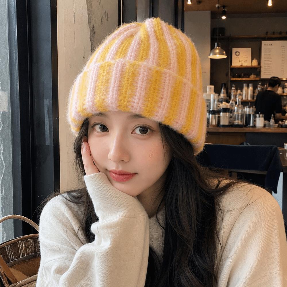 Color Blocked Ribbed Knit Cap Thick Warm Hat Brimless Striped Beanie Hat  Outdoor