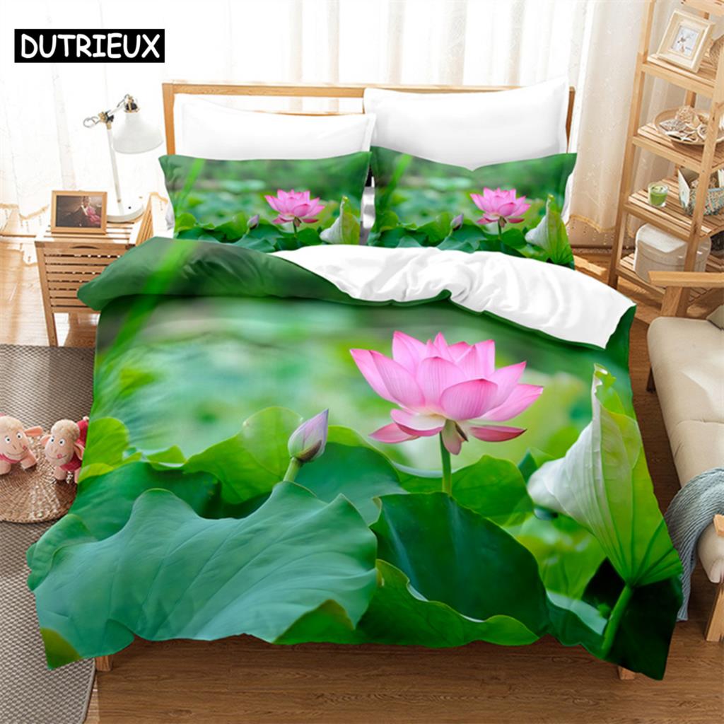 Pink Lotus Queen Bedding Set Green Duvet Cover Set Kids Bedding Digital Printing Bed Linen King Size Duvet Cover Set Bedding Set