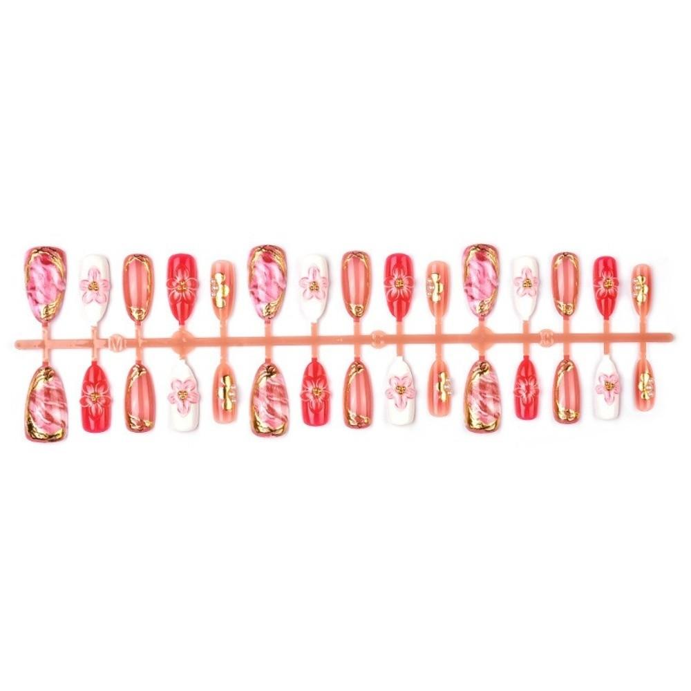 30pcs New Sweet Fake Nail Tips French Pink Flower Designs False Nails 3D Flower Almond Nails Women Use